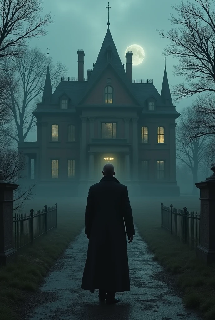 A large, old mansion with shuttered windows and a neglected appearance. The house is shrouded in shadows, with only a few lights on inside. Stark, with a serious expression, guide Hatherley to the entrance. but it doesn't look so gloomy, remember that everything is dark