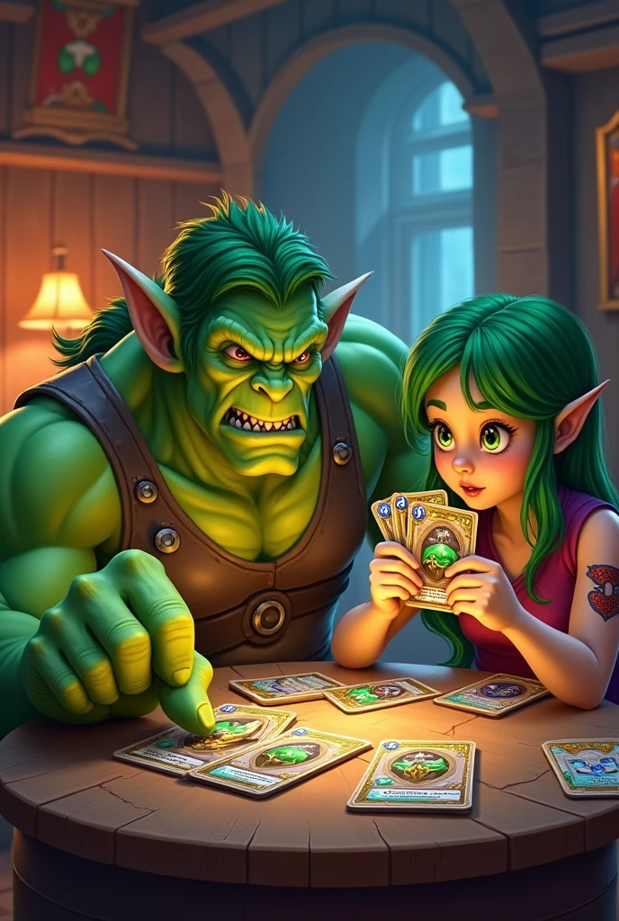 Green orc and green haired girl playing Hearthstone cards, hold them in their hands