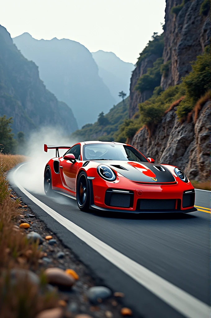 Porsche gt3 rs braking hard on a winding mountain road