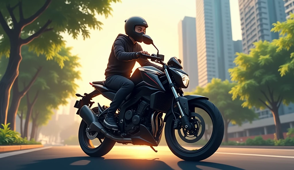 Ilustrasi anime 3D, A 20-year-old, thin, 1.80-meter-tall young man, with his black Honda CB1500cc motorcycle, wearing a complete black jacket with a sports helmet, begins his journey on the streets of Jakarta. The background shows tall buildings and several trees on the side of the road. The morning sun illuminates the road, giving a bright and energetic atmosphere.
His black merk Honda CB300cc motorcycle, is turned on, then slowly drives on the quiet road. The camera follows from the side, highlighting the motorcycle running smoothly on the asphalt.