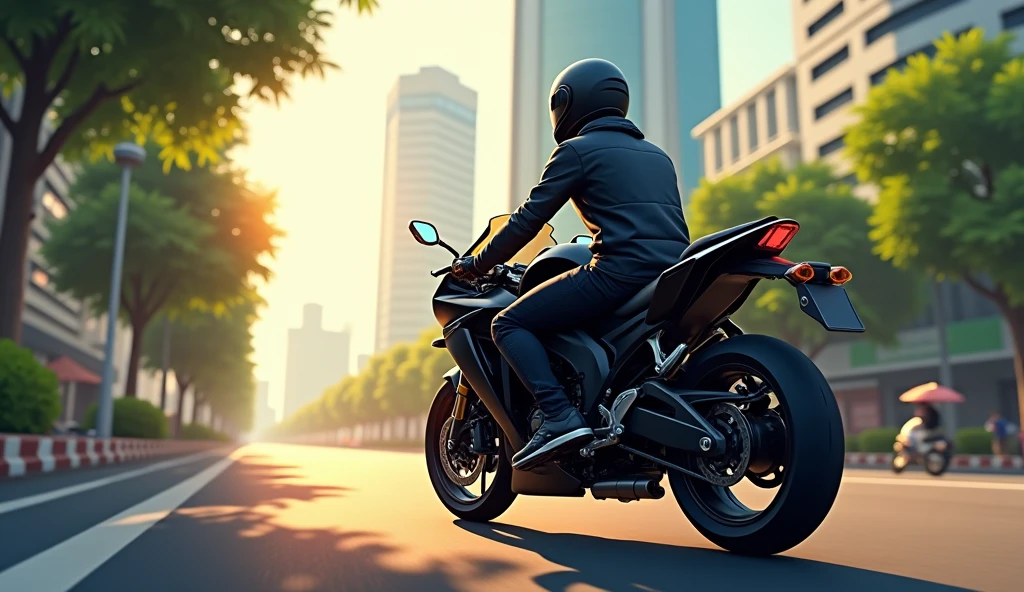 Ilustrasi anime 3D, A 20-year-old, thin, 1.80-meter-tall young man, with his black Honda CB1500cc motorcycle, wearing a complete black jacket with a sports helmet, begins his journey on the streets of Jakarta. The background shows tall buildings and several trees on the side of the road. The morning sun illuminates the road, giving a bright and energetic atmosphere.
His black merk Honda CB300cc motorcycle, is turned on, then slowly drives on the quiet road. The camera follows from the side, highlighting the motorcycle running smoothly on the asphalt.