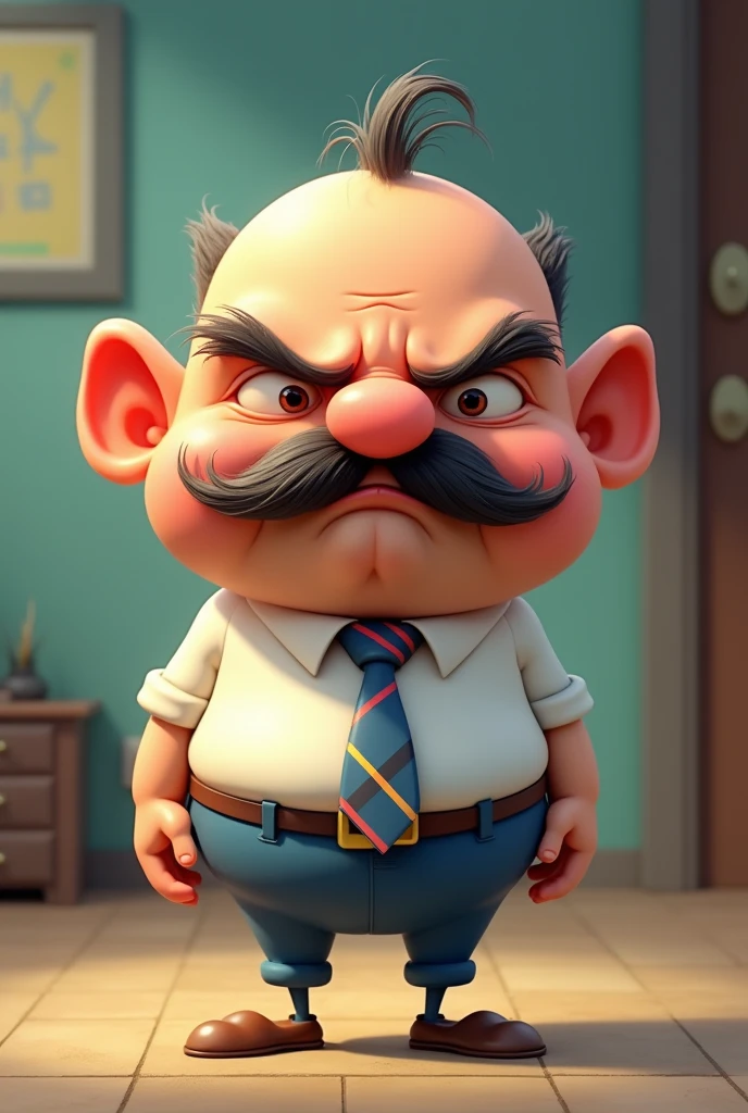 a cartoon guy who is an angry boss, (colourful drawing:1.4), (Disney style),(Pixar-style:1.5), bald man with a big nose and a big mustache,your shirt is white and your pants are blue, he wears a striped tie, has only two hairs, (your nose is narrow, thin and long and goes down from the eyebrow:1.5), their nostrils are hairy and very prominent, her body is small and she has thin legs, your eyebrows are thick and expressive, (ANTONIA dos minions:1.6),small ears,head larger than body