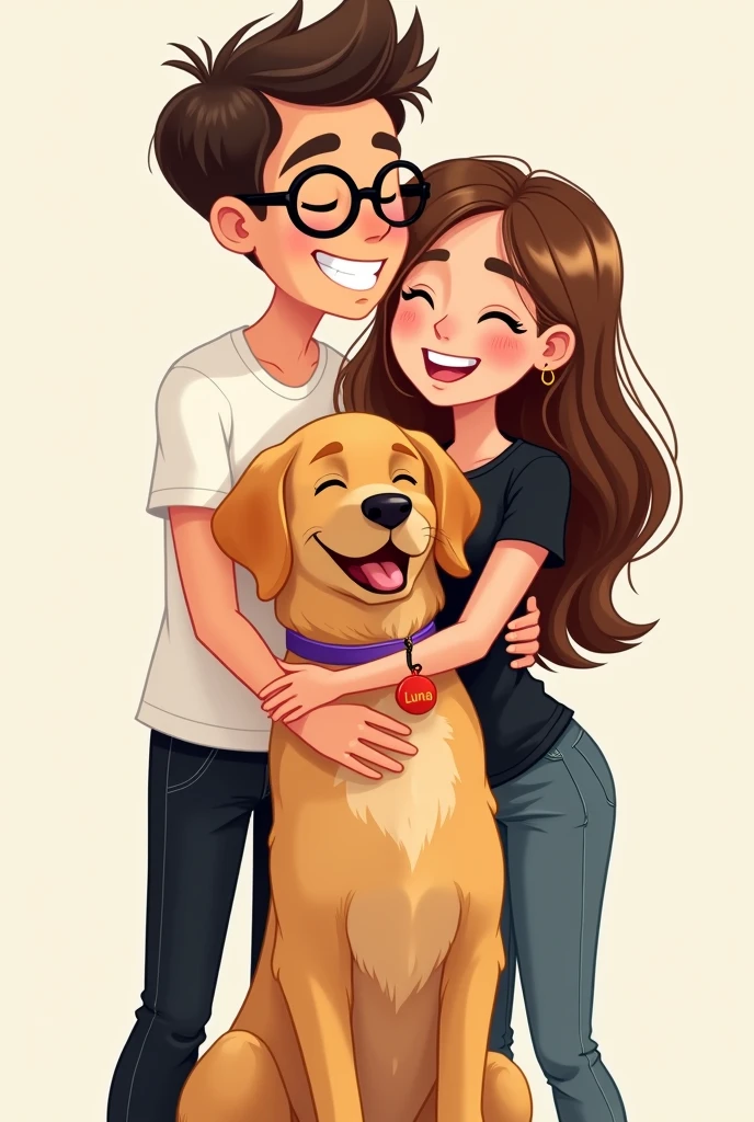 I want to create a happy couple with a golden retriever dog like a cute cartoon. The physical details of the boy are a skinny boy., high, with glasses and pronounced eyebrows who always wears a black watch Medium-sized eyes looking at the dog He usually dresses in black jeans and a white short-sleeved shirt He has well-groomed hair The physical details of the girl are a girl with long, straight hair without waves, brown hair , slim body pretty, She has almond-shaped eyes, small slanted eyes. The clothes she almost always wears are a black top and jeans. The dog is a golden retriever, very lively and happy with a purple collar and a red tag that says Luna. The couple hugging the dog with their eyes both closed.