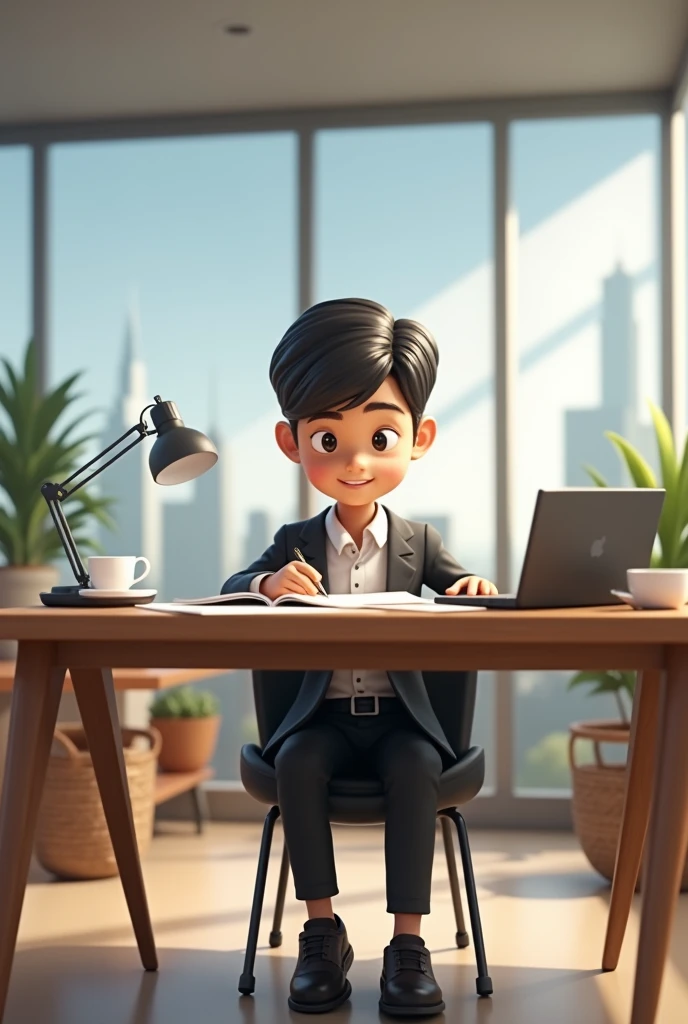 A boy well dress in office and working in paper