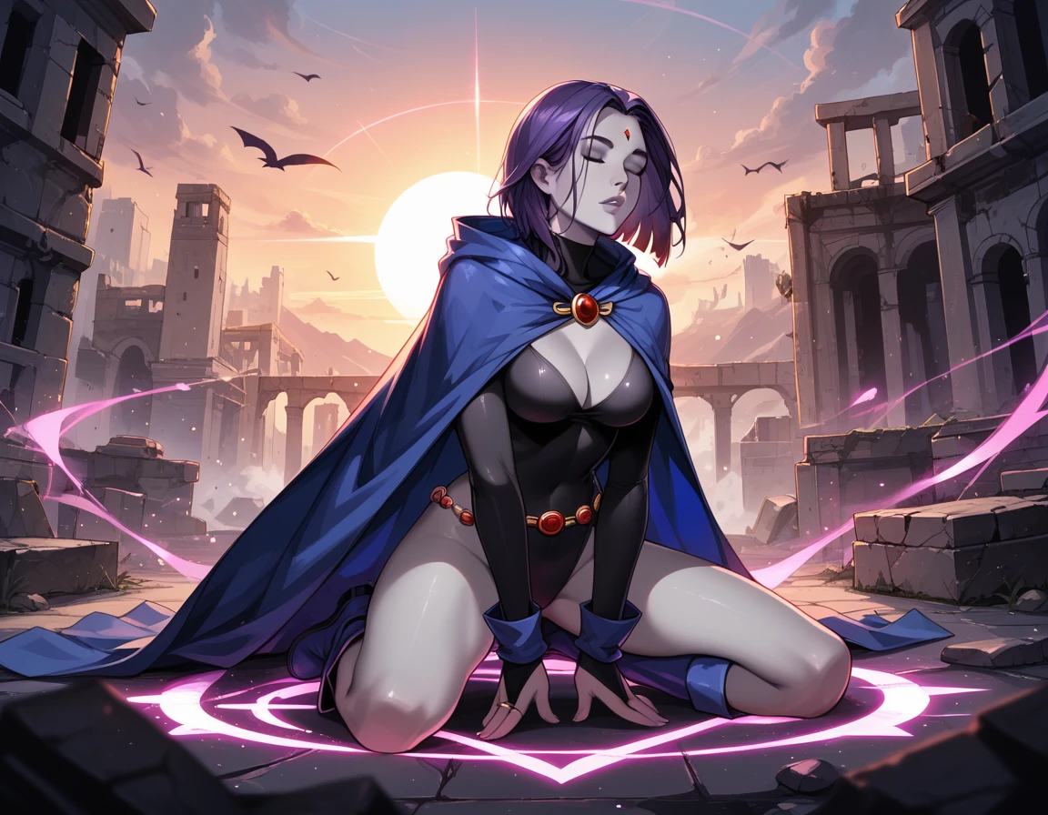 score_9, score_8_up, score_7_up, score_6_up, BREAK 1girl, (Raven, grey skin, bare legs, cape, boots:1.5), sexy woman, cleavage, BREAK (spells, pink energy, rune symbols:1.2), (kneeling, legs spread:1.3), eyes closed, BREAK (building ruins:1.1), (sunset:1.2), shallow depth of field, BREAK highly detailed, bokeh, moody, epic, gorgeous, grainy, BREAK (ultra-detailed), (best illustration), (best shadow), (absurdres), (detailed background), (very aesthetic).