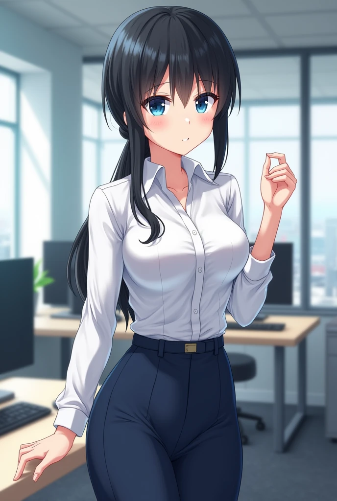 Anime Japanese woman, working woman, uniform, black hair, long hair, low ponytail, blue eyes, tight white shirt, tight navy blue slacks, beautiful e-cup breasts, nice ass, small office in the company, having sex
