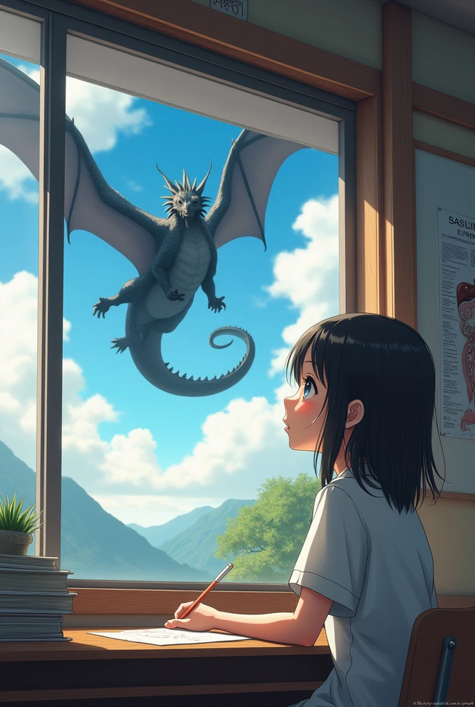 A Japanese girl is in a classroom with her friends. She is studying the digestive system. There is a picture of a stomach. She looks out the window. There is a black dragon in the sky.