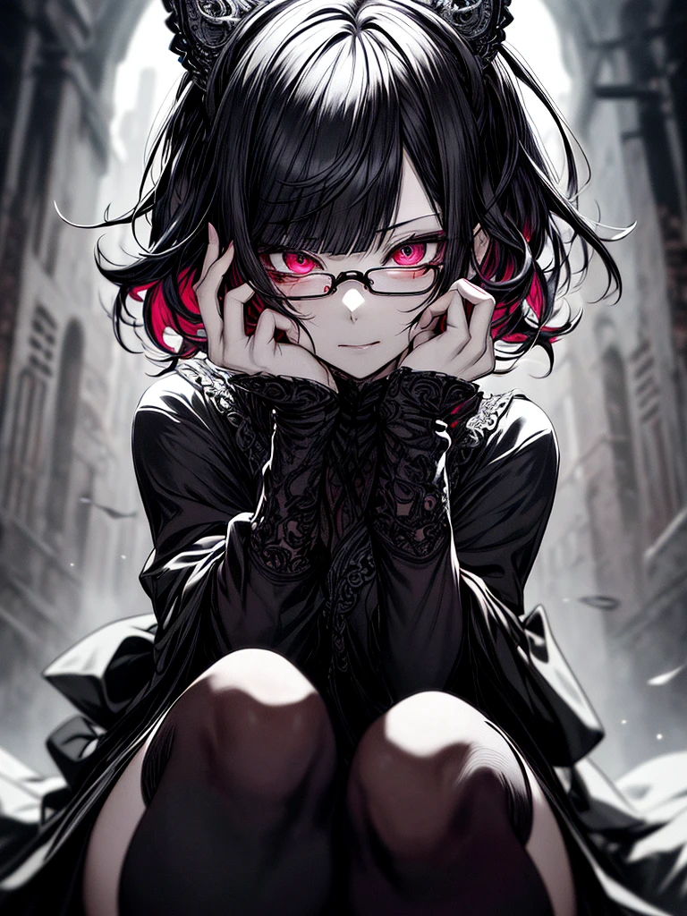 dead body、g、dark hue、Red hue、Ahegao ( Silly / Sexual ecstasy)、Cross-eyed、Stranger、View other people、Blunt bangs、Sitting,hand between legs,maid, Glasses, over-kneehighs,Ahegao , Silly,Sexual ecstasy,Drunken eyes,Blunt bangs, Black hair,(masutepiece:1.2, Best Quality), (finely detailed beautiful eye: 1.2), (Detailed background,Dark Fantasy), (beautifull detailed face), High contrast, (Best Illumination, extremely delicate and beautiful), ((Cinematic Light)), Colorful, Hyper Detail, Dramatic light, Intricate details,