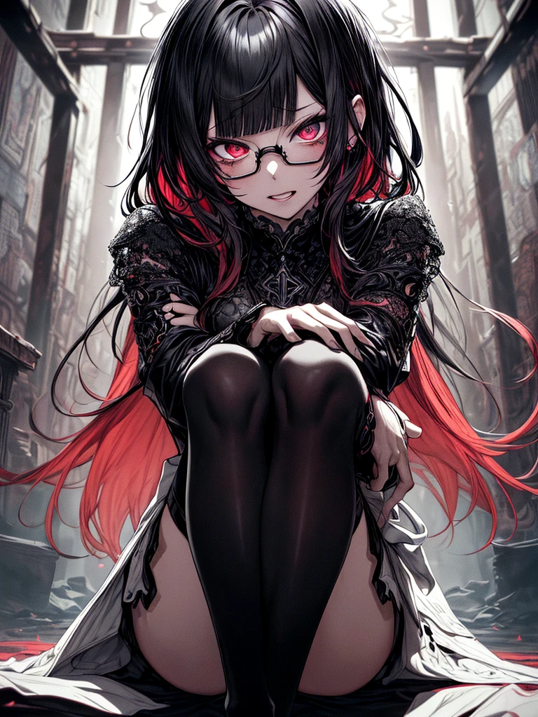 dead body、g、dark hue、Red hue、Ahegao ( Silly / Sexual ecstasy)、Cross-eyed、Stranger、View other people、Blunt bangs、Sitting,hand between legs,maid, Glasses, over-kneehighs,Ahegao , Silly,Sexual ecstasy,Drunken eyes,Blunt bangs, Black hair,(masutepiece:1.2, Best Quality), (finely detailed beautiful eye: 1.2), (Detailed background,Dark Fantasy), (beautifull detailed face), High contrast, (Best Illumination, extremely delicate and beautiful), ((Cinematic Light)), Colorful, Hyper Detail, Dramatic light, Intricate details,