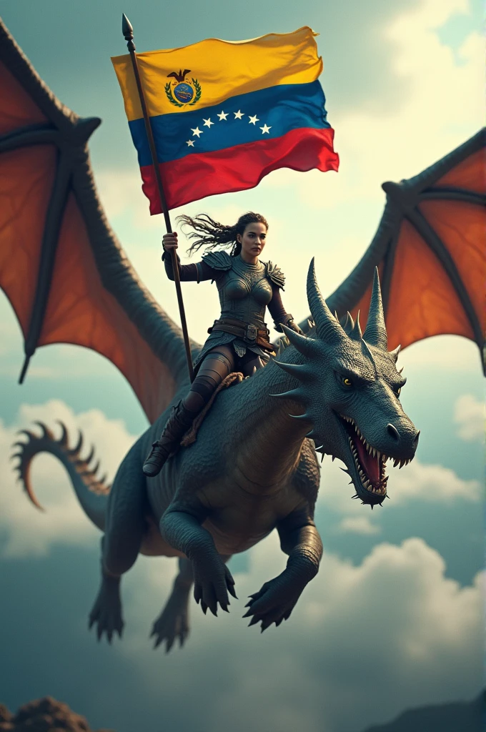 a woman, dressed as a viking, flying a dragon, and carrying the flag of Venezuela 