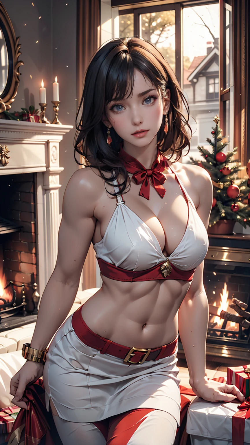 24-year-old woman、Attractive Young Woman, (Beautiful Face:1.1), Detailed eyes, Seductive lips, (eye make up:1.2), (Medium chest:1.0), (Toned body:1.2), Sexy proportions、Narrow waist、Santa Claus costume(Mini length)、Large white cloth bag(A lot of presents)、In the living room with a fireplace、Relax on the sofa