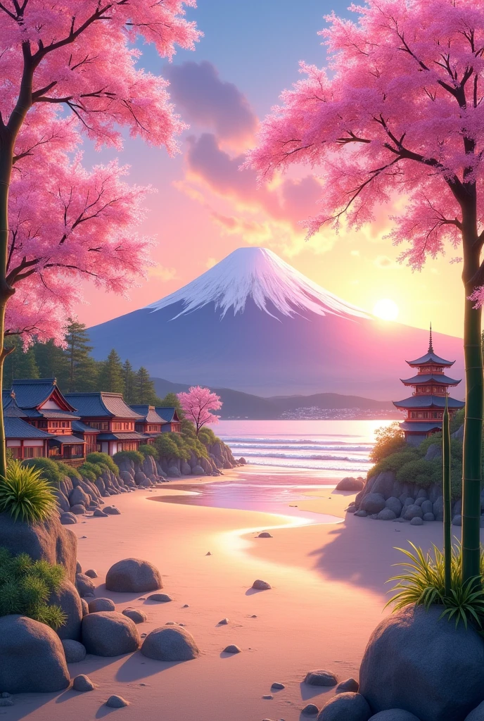 beach. sunset. pink cherry trees. japan. fuji background. japaneese houses surroundings. bamboo all around