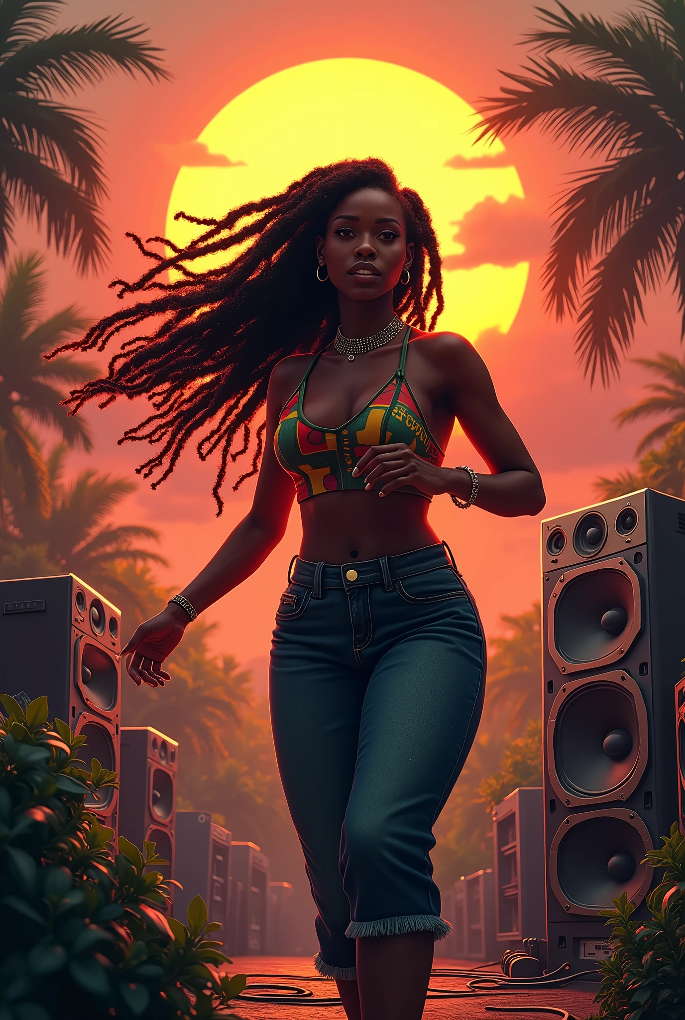 A black jamaican girl with dreadlocks hairs and  dancing in front of a huge sound system speakers during the sunset outdoor tropical vegetation background