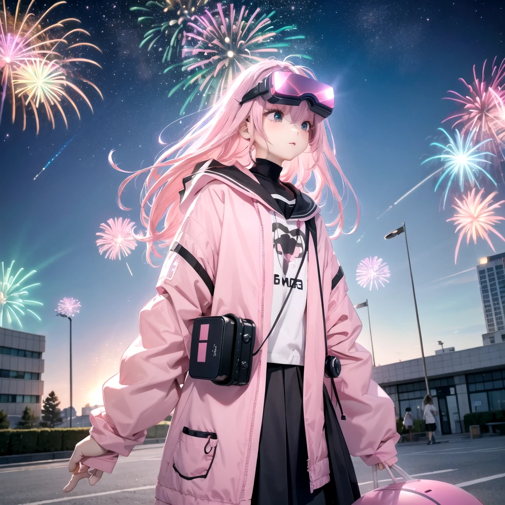 Pink haired elementary school student、vr goggles、Aurora、Humanoid Robot、Summer vacation、homework、hot summer、Drone in the sky、firework、future、2050、AI at work