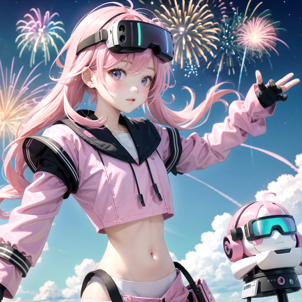 Pink haired elementary school student、vr goggles、Aurora、Humanoid Robot、Summer vacation、homework、hot summer、Drone in the sky、firework、future、2050、AI at work