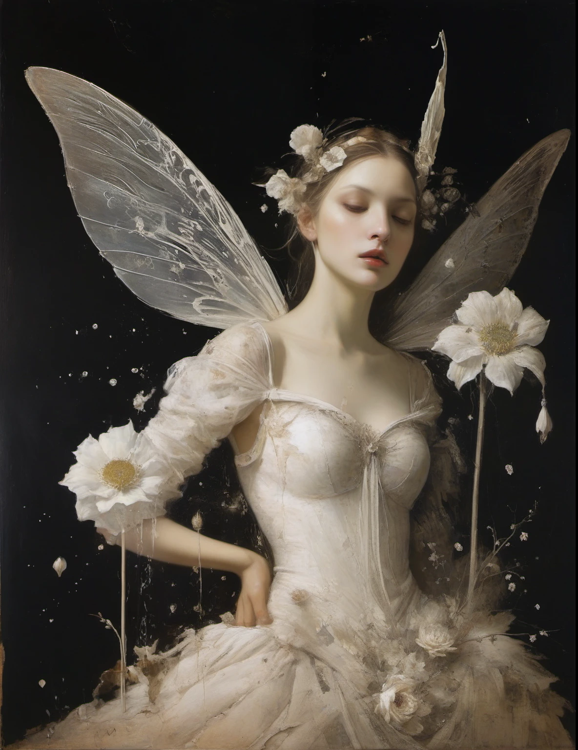 James Gurney, Surrealist art , dream-like, mysterious, Provocative, symbolic, Complex, detailed,, (Gothic but very beautiful:1.4), (masterpiece, Highest quality:1.4) , Nicola Samori Style, White flower fairy
