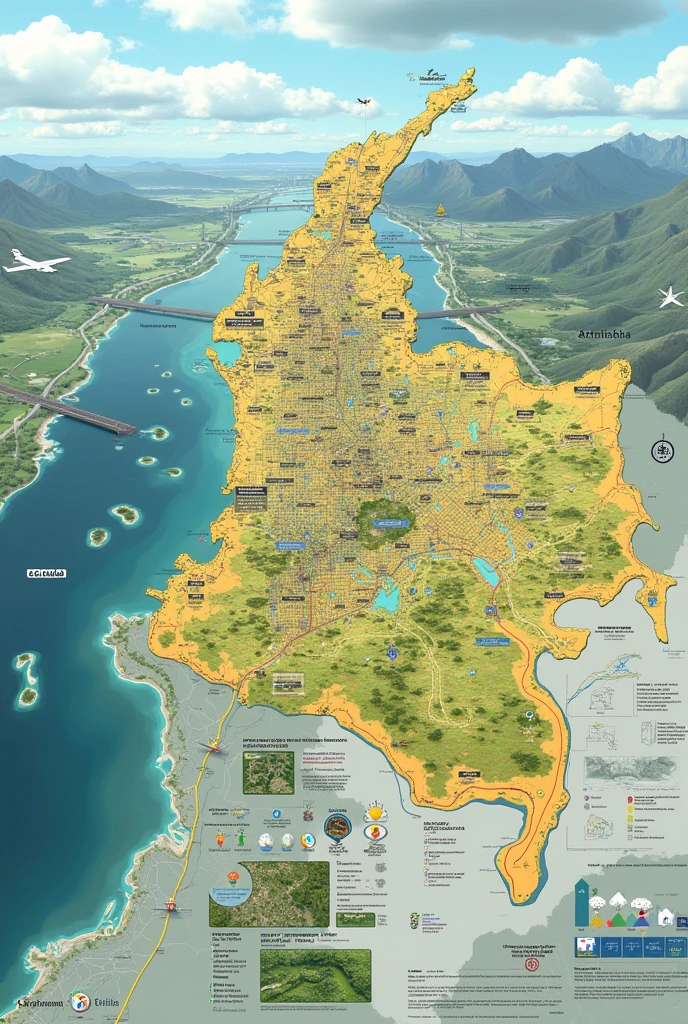 Generate a horizontal image focused on the territorial planning of the department of Antioquia, in the country of Colombia to make a power point presentation