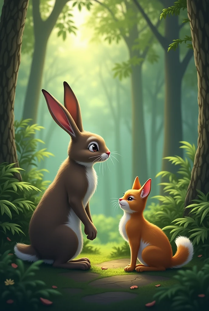A male rabbit ignores a female cat in the forest. The cat felf hurt about