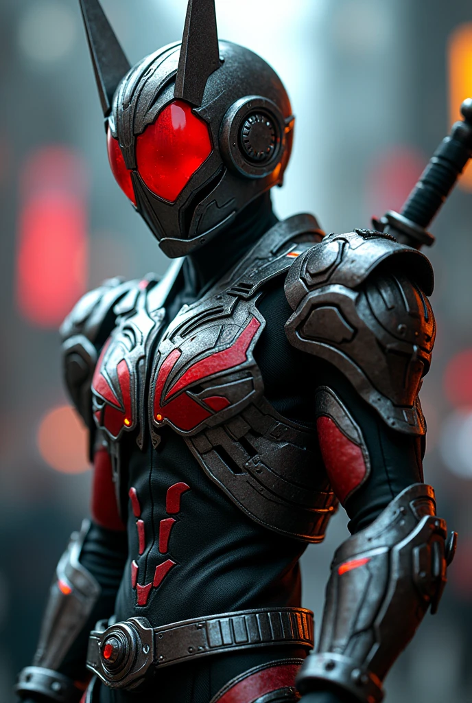 A close up of kamen rider with full body armor and a sword on the back
