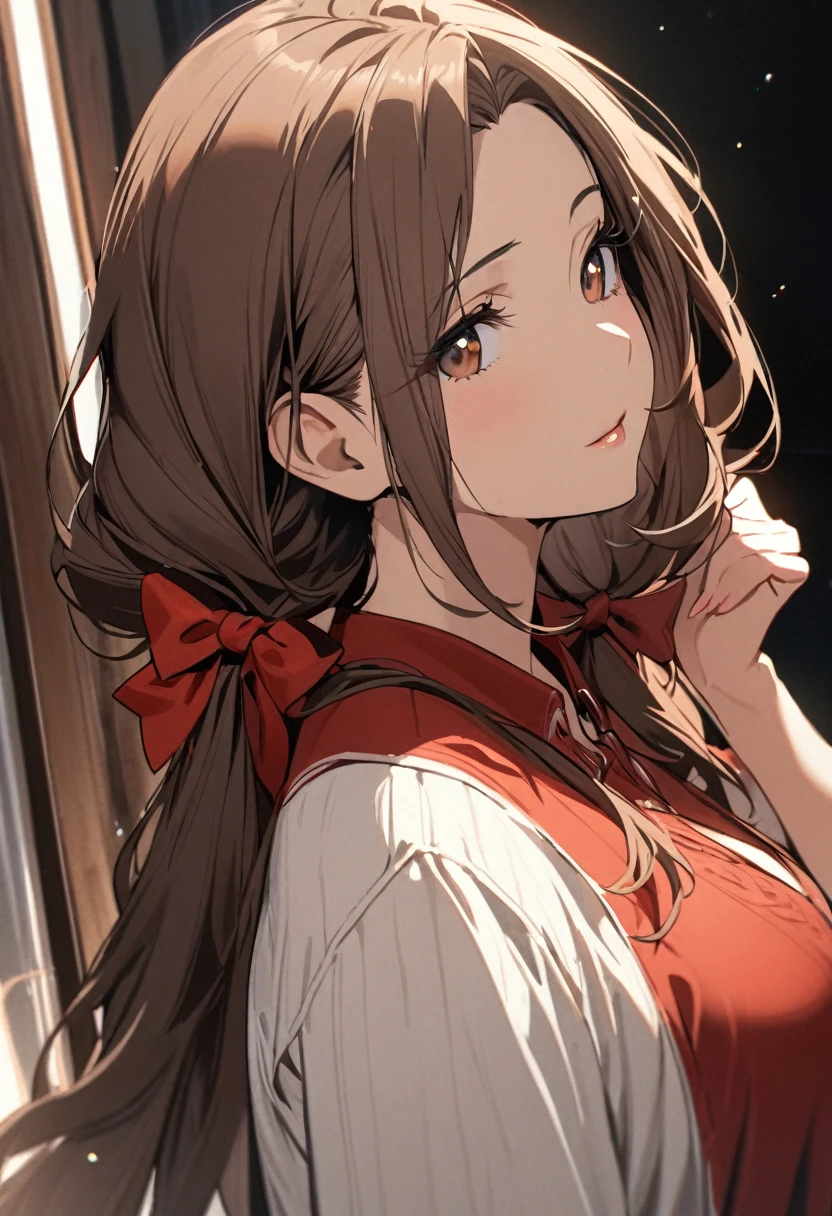 Solo, 1girl, Long Hair, brown hair, brown eyes, mature,  red bow, high detail, beautiful eyes, beautiful color,  adult, low twin tails, glazing to the distance, cute, half eyes