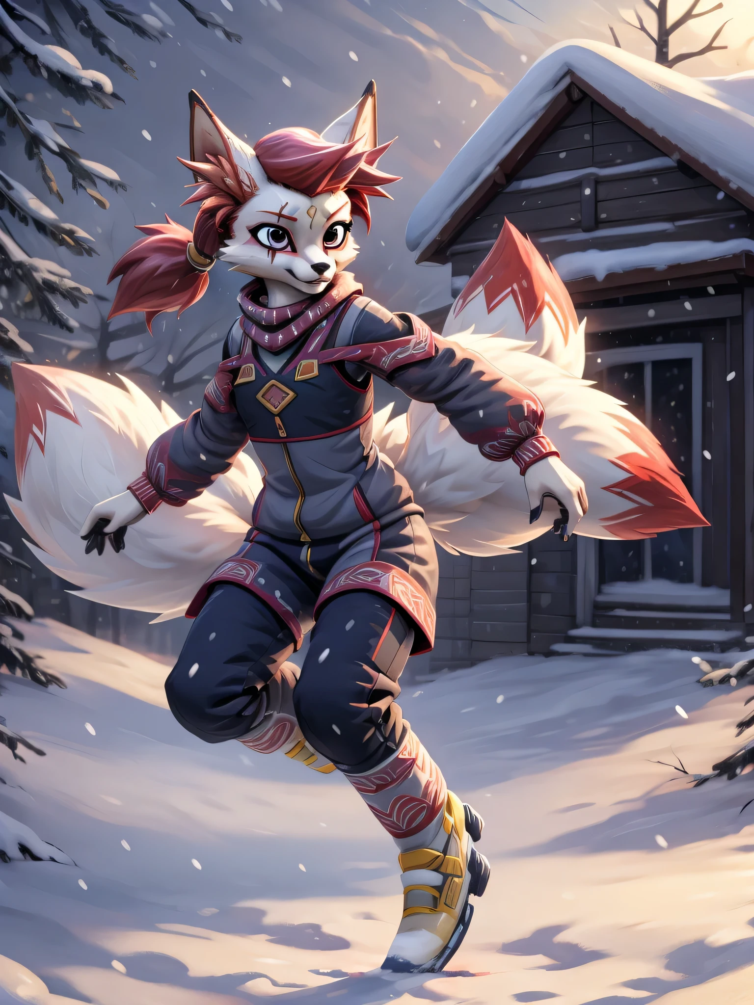 kimiko, furry female anthro, fox girl, multiple tails, solo, short ponytail, scar on the eye, detailed face, masterpiece, dressed, winter suit, snowy day, snow, jump, jump in air, two legs, legs tucked in, detailed face, perfect face, perfect hands, scarf