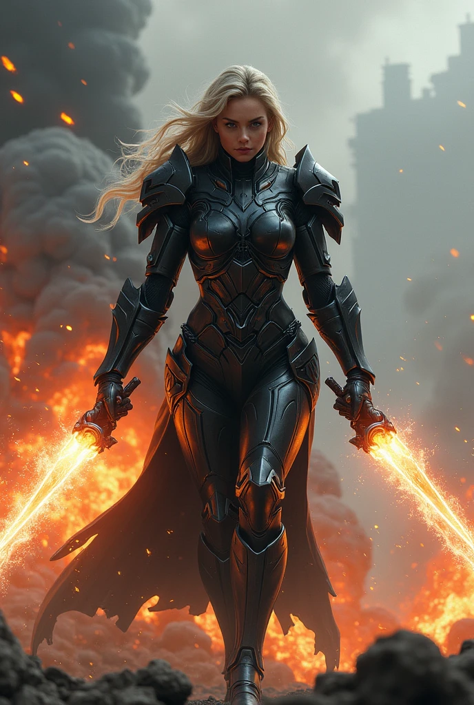 A fierce woman with black armour heavy metal suit with guns killing enemies with fire and ashes behind 

