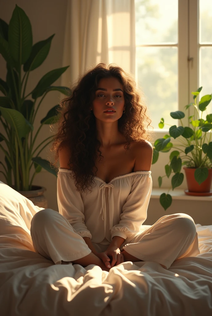 (photorealism:1.2), beautiful woman, sitting on bed, wearing loose off-shoulder top, pajama pants, long curly hair, indoors, soft lighting, plants in background, window with sunlight, cozy room, relaxed pose, realistic, intricate details, warm colors, by Greg Rutkowski, by Alphonse MuchaThe time has come to fight another war, this war in Bangladesh is not for any nation, this war is for floods
