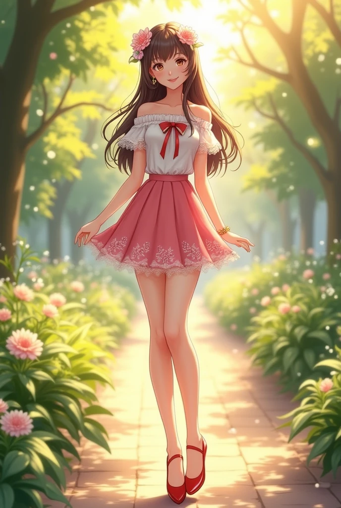 Ultra high quality,High heel,Long legs,Smile,Sunlight,Lace off-the-shoulder,Pink skirt,Wear flowers on your head,student,charming,Ribbon