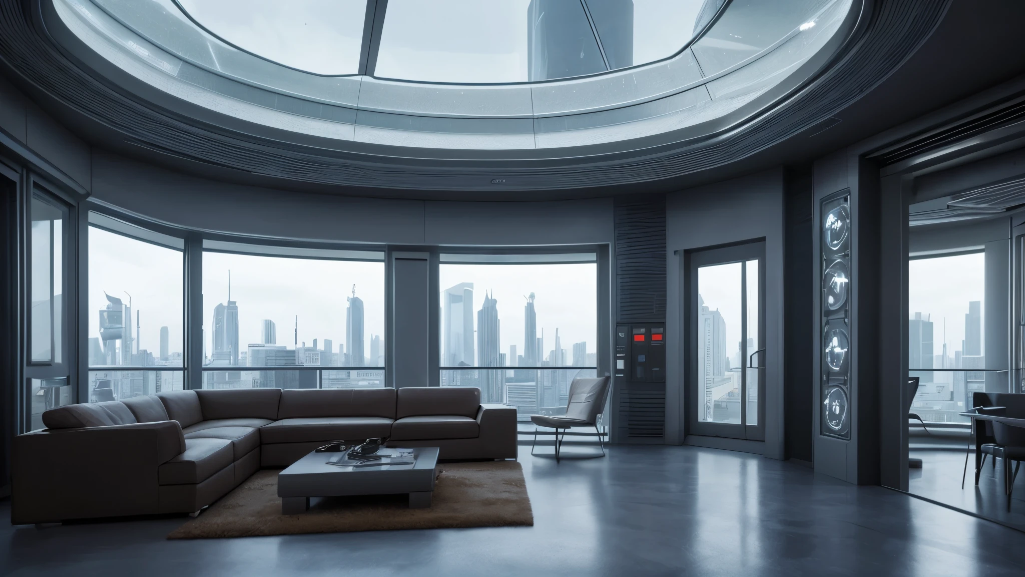 scifi, futuristic home, architectual, space design, cyberpunk, futuristic, hightech, hard-surface design, daylight, much tech, much electronic, very cozy, ambient light, realistic view, wide angle, year 2124