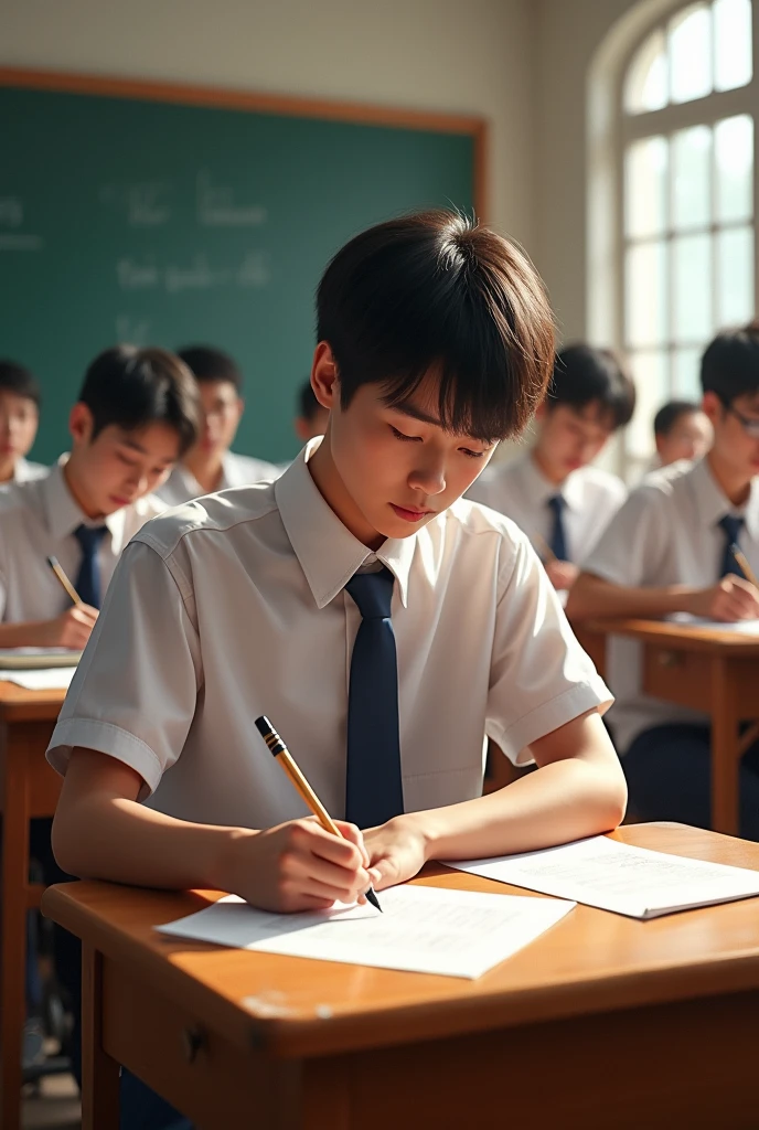 I want a picture depicting a  senior boy writing his examination with his classmates for my picture composition project not animated but a normal picture




Not animated 
