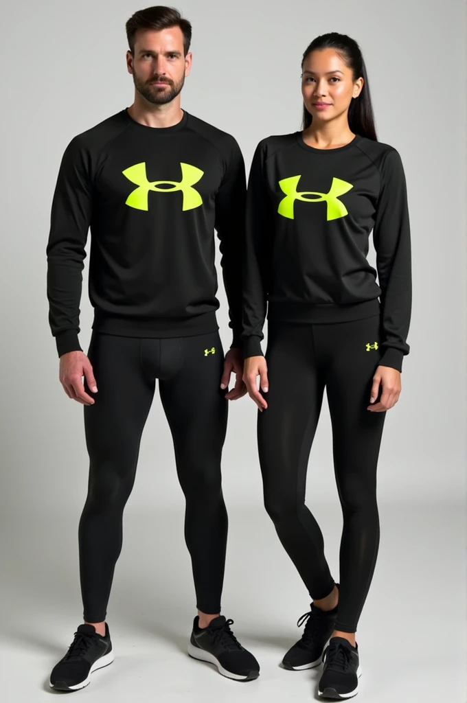 General image of a man and woman wearing black long-sleeved sports outfits and leggings with a lemon green H logo