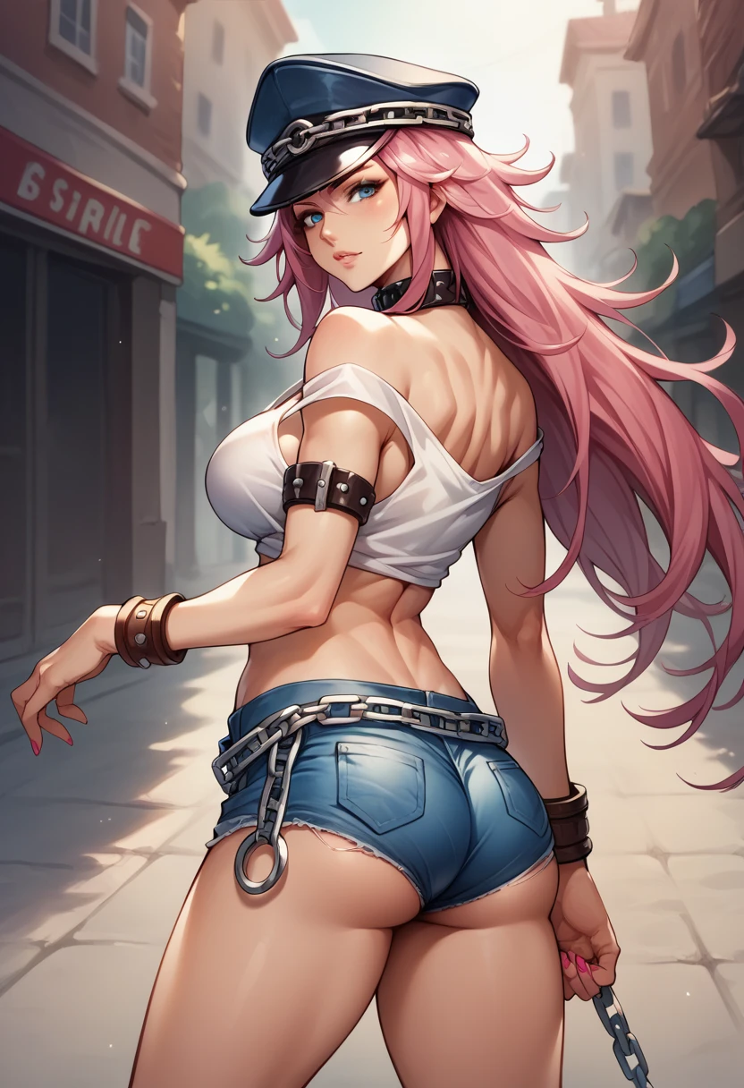 score_9, score_8_up, score_7_up, BREAK, score_9, 1girl, pink hair, long hair, peaked cap, collar, tank top, midriff, silver bracelet, off shoulder, nail polish, denim shorts, brown bracelet, armlet, chain belt, pumps, blue eyes, looking at viewer, cowboy shot, ass, from behind, street