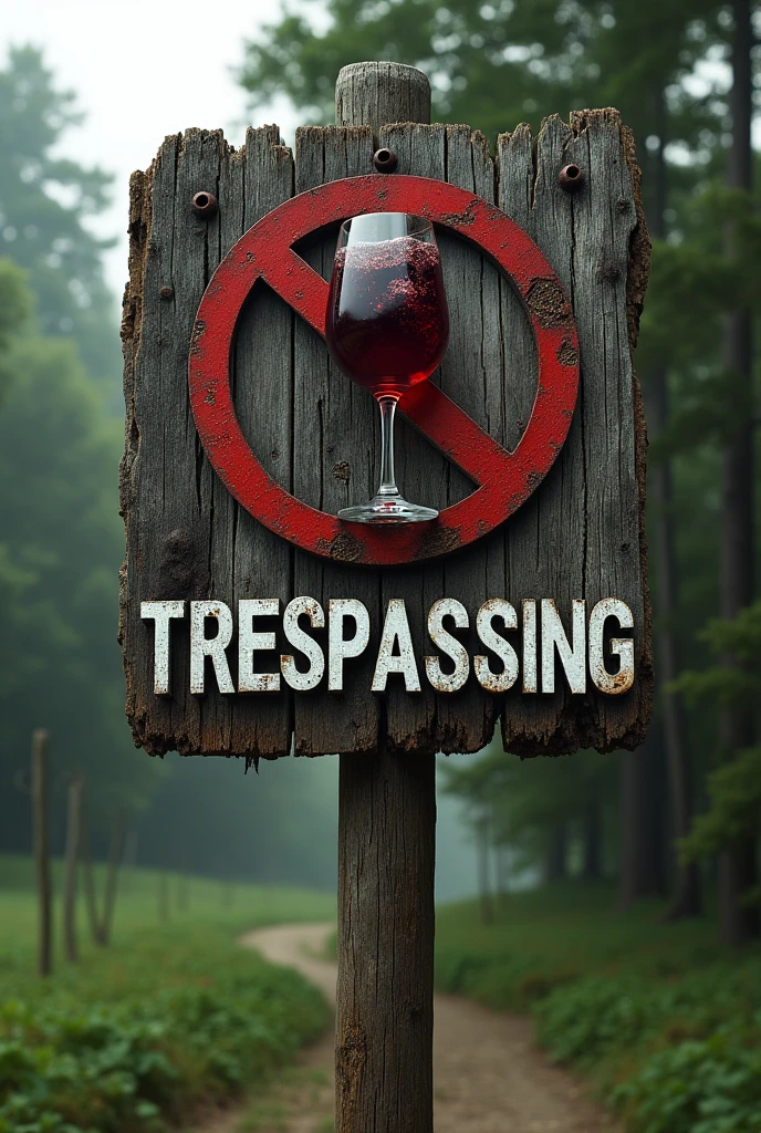 Large No Trespassing sign with a glass of wine inside 