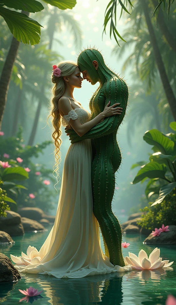 I want a photo of a lotus flower woman hugging a cactus man, detailed 