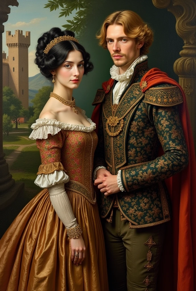 Full body image of a bourgeois woman from the Middle Ages with her fiancé, a blond prince with light eyes