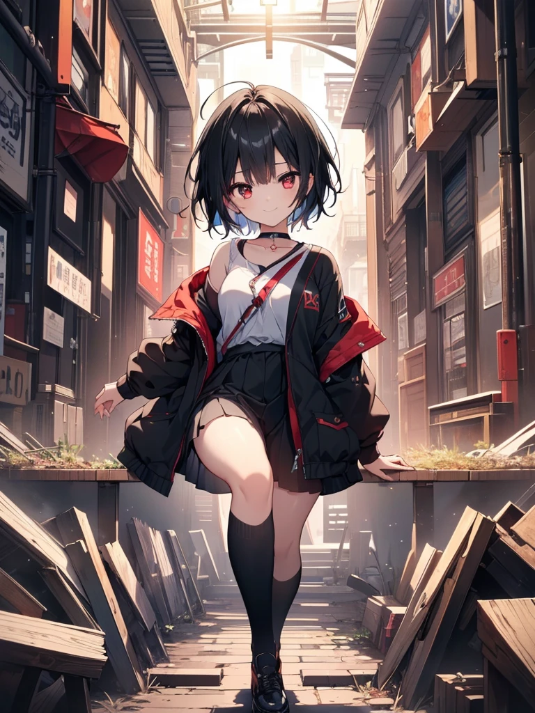 (masterpiece, highest quality, highest quality, (No text), Beautiful and aesthetic:1.2),No text,アニメ、BREAK,One Girl,Black Hair Girl adult short hair older sister choker Beautiful eyes Red eyes cool smile Black and Red Cute clothes Black jacket foot whole body In town