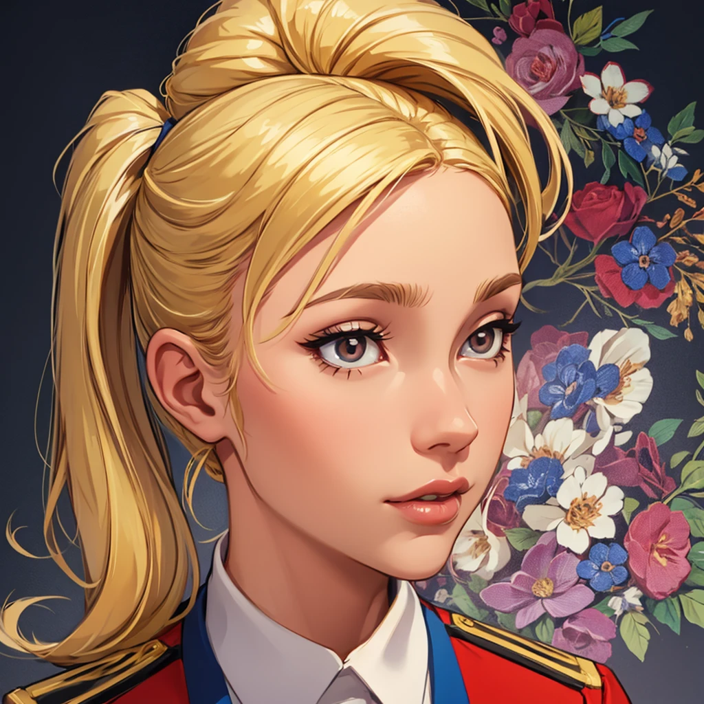 A pretty 35-year-old woman, full lips, small nose, small eyes, a high ponytail, blonde hair, Russian features