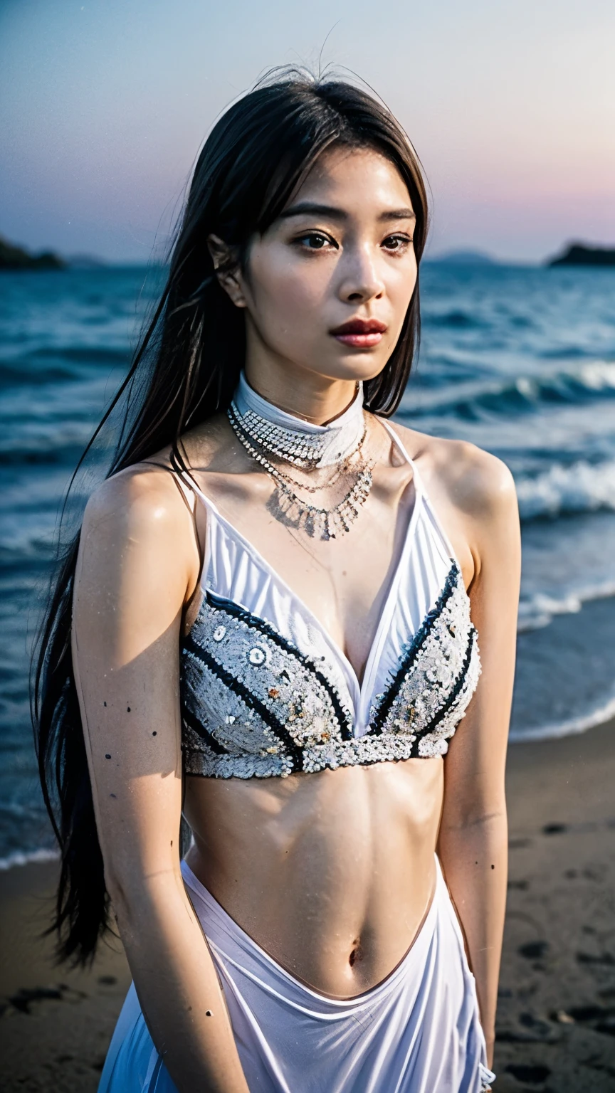 "Skeleton Knight reinterpreted as the ultimate Japanese beauty, While retaining important skeletal features. She is slender, Smooth and graceful, Pale skin that subtly highlights the bone structure, Adds a mysterious and enchanting charm. Her big, Almond-shaped eyes have a soft glow, Mysterious Light, Reflects both purity and ancient wisdom, Surrounded by a long frame, Silky black hair flows down her back、There are faint bone-like veins.。.
She is elegant, Her pale skin and beautiful silver mesh swimsuit, Decorated with delicate patterns reminiscent of bones and traditional Japanese motifs, While still maintaining a connection to her undead origins.、Tailored to accentuate her natural beauty。, Exquisite details create an atmosphere of both elegance and strength..
Her expression is calm and serene, With a gentle smile that exudes confidence and grace. Despite her skeletal features, She exudes an aura of timeless beauty and strength., Embodying the perfect blend of fearsome strength and delicate femininity.
The background is a tranquil, A moonlit beach with gentle waves lapping gently on the shore, The sky is colored in the soft hues of dusk. This tranquil setting enhances her otherworldly presence., The ultimate fusion of the iconic features of the skeleton knight and the elegance of a beautiful Japanese girl.."