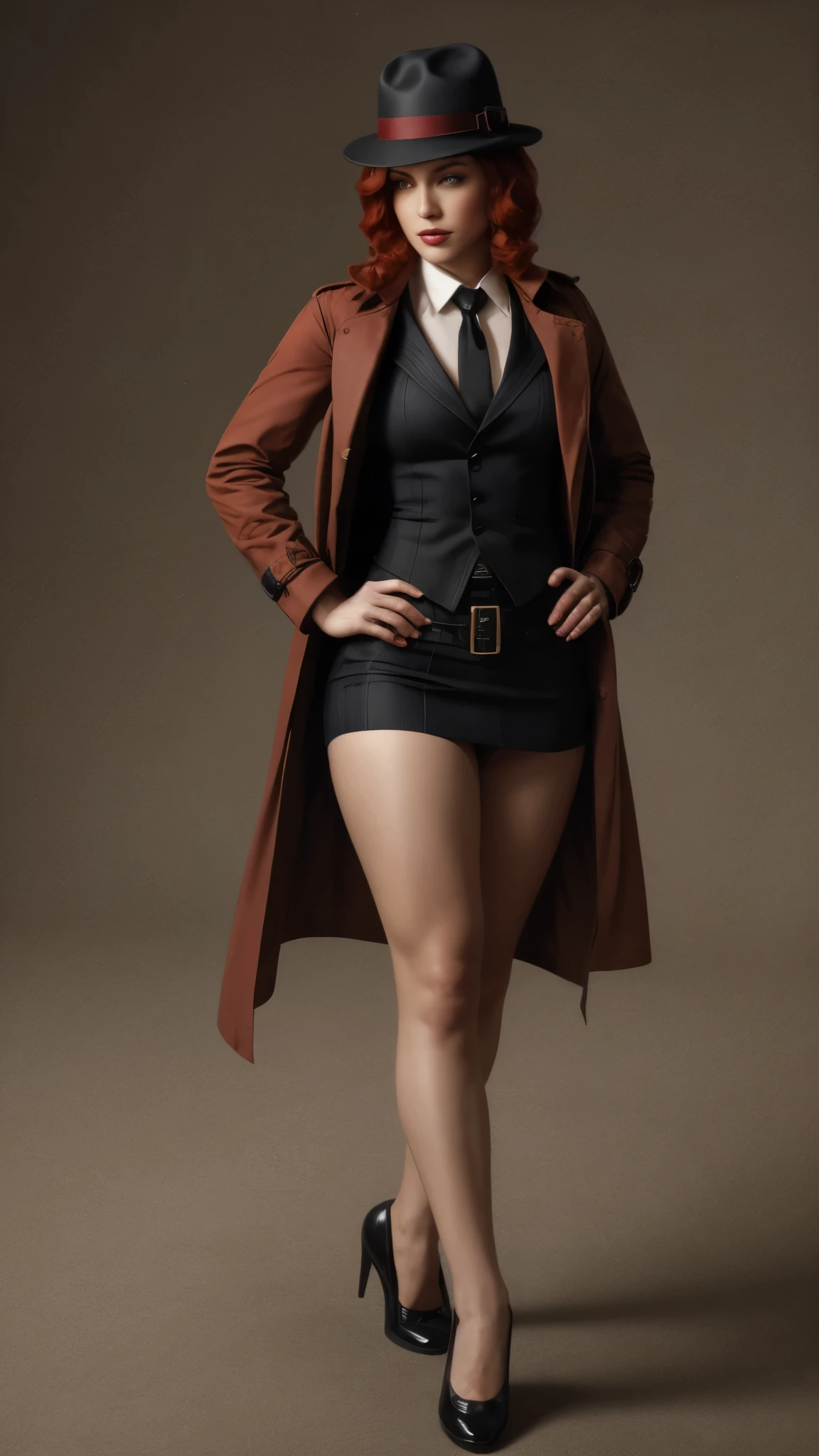 1920s hardboiled detective, striking red hair styled in soft waves, tailored trench coat suit tie and a fedora, sharp no-nonsense attitude, pinup, full body shot, standing