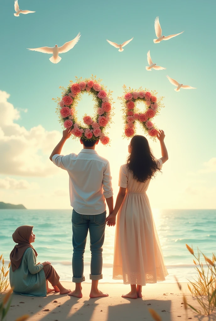 Couples holding letters  q and r on top oh their head written by flowers at beach show their back and girl with hijab sitting birds at sky