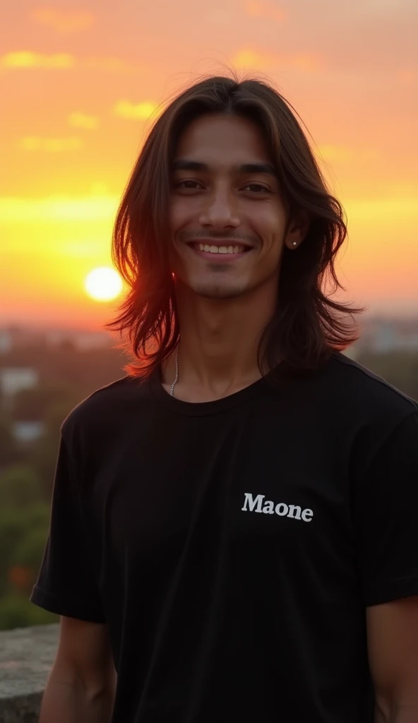full body photo of a beautiful sundanese man, shoulder length hair, face looking to camera, white skin, wearing black tshirt with text "Maone", Background beautifulsunset, 35 year old