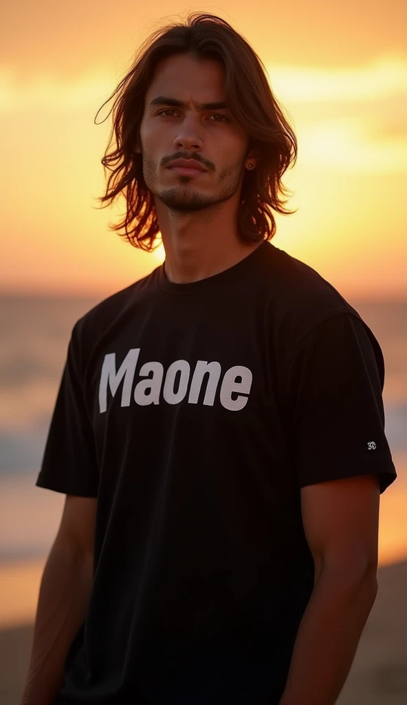 full body photo of a beautiful sundanese man, shoulder length hair, face looking to camera, white skin, wearing black tshirt with text "Maone",  Background beautifulsunset, 35 year old