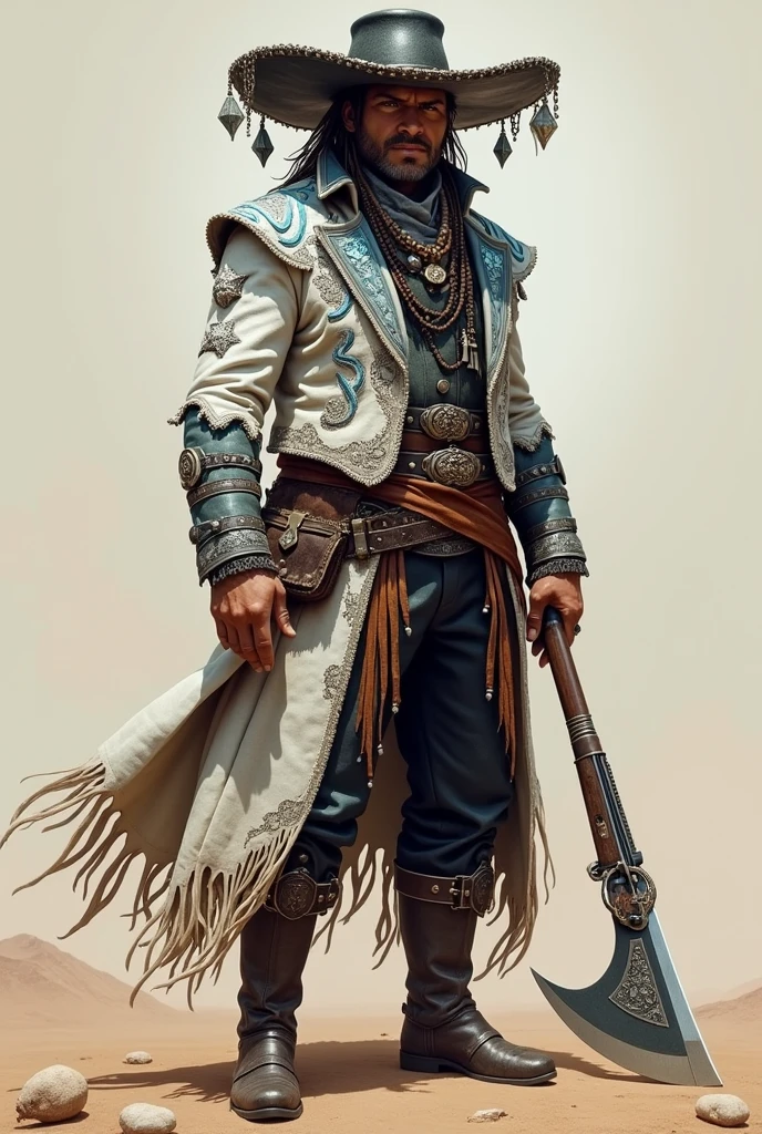 hat: Captain Dry Wind wears a wide-brimmed leather hat, typical of bandits, but with a distinct design. The hat is made of dark leather, with reinforced edges and decorated with small metal chains that create a soft tinkling sound in the wind. Instead of feathers, It has small mirrors or crystals that reflect light and create a sparkling effect., evoking the idea of a distant storm.

Clothing: He wears a sturdy, ornate white leather jacket., similar to those of the cangaceiros, but with unique details. The jacket is decorated with light blue and silver embroidery that simulates cloud and lightning patterns., and has a high collar that helps protect against the wind. The bottom of the jacket has a series of leather strips that imitate fringes and add movement to your look..

Pants and Boots: The pants are wide and made of dark leather., with buckles and metallic ornaments that stand out. The boots are high and reinforced, made to withstand the arid terrain, with traction pattern rubber soles. The boots have metal details, like small clasps or plates, that add a touch of robustness and protection.

canons: Captain Dry Wind carries an imposing looking repeating rifle, decorated with silver and blue details, reflecting its connection to the climate. On the other side of the body, he has a big, sharp machete, attached to a leather waistband. The machete has a polished blade with runes or symbols that represent control over wind and drought..

Belt & Accessories: The leather belt is wide and detailed, with metal buckles and compartments for ammunition and tools. He carries small vials and charms that appear to contain weather elements., like dust or crystals.


Posture and Expression: Captain Vento Seco has an imposing and confident posture, with an expression that mixes determination and a touch of coldness, reflecting his control over the environment and his leadership among the cangaceiros.