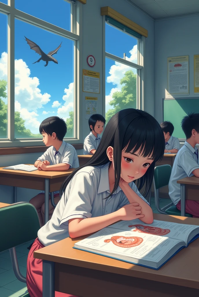 A Japanese girl is in a classroom. She is studying the digestive system. There are 3 other students. There is a picture of a stomach. She looks out the window. There is a black dragon in the sky.