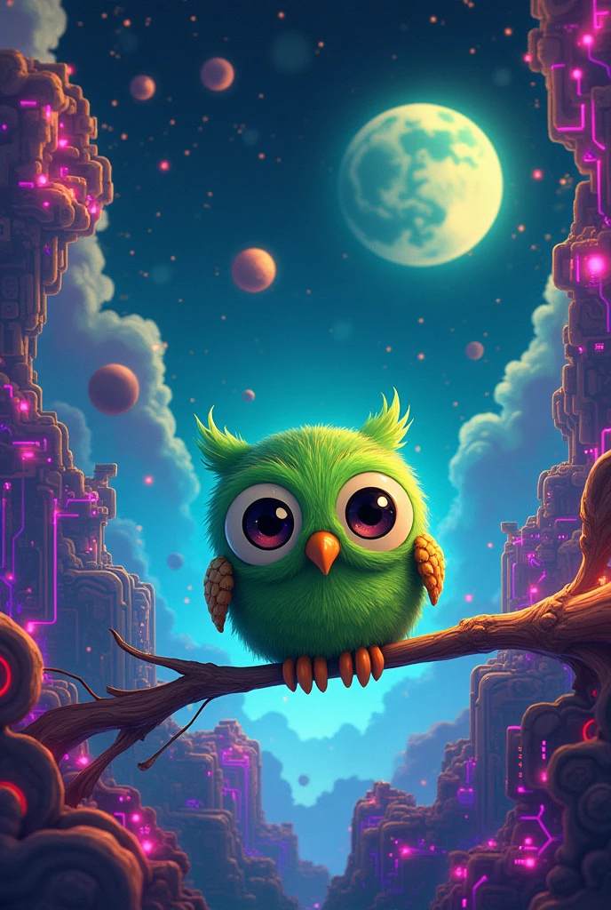 
Create a background with an electronic universe in which a green owl is traveling in cartoon style
