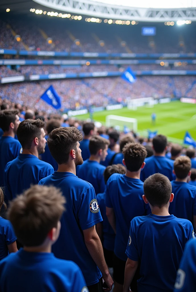 Crowd wearing chelsea jersey in football ground