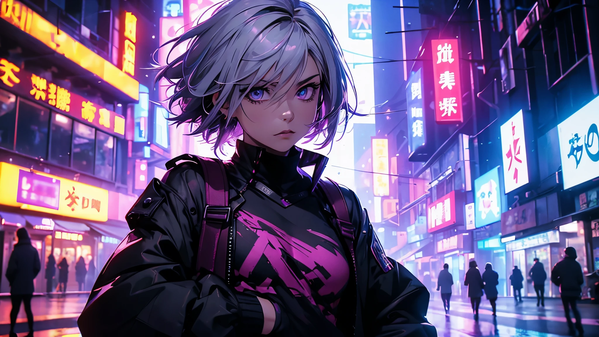 (ultra-realistic, high resolution, best qualityer, 4K, proffesional, cowboy shot), an image of a character sitting in a neon-lit area, beauty eyes, sharp looking eyes. Her Asymmetrical Pixie Hairstyle, silver hair, shorth hair, and left-swept bangs with red highlights make her stand out. in the pastel gothic style, chinese punk, cryptid academia, album covers, urban landscape, dark purple and black, Right now. Fundo Bokeh Petzval.