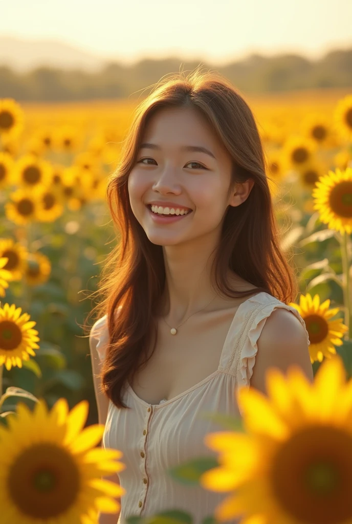 a woman in a field of sunflowers recording for her video blog, beautiful sunflower anime girl, sunflower field, girl frontal in a flower field, sunflowers in the background, sunflowers, girl in a flower field, scene : sunflower field, scene: sunflower field, ulzzang, korean artist, selfie photography, sunflower, girl standing in flower field, portrait of girl in flower field, girl standing in a flower field, girl in flowers, korean girl, colors : yellow sunflowers, colors: yellow sunflowers