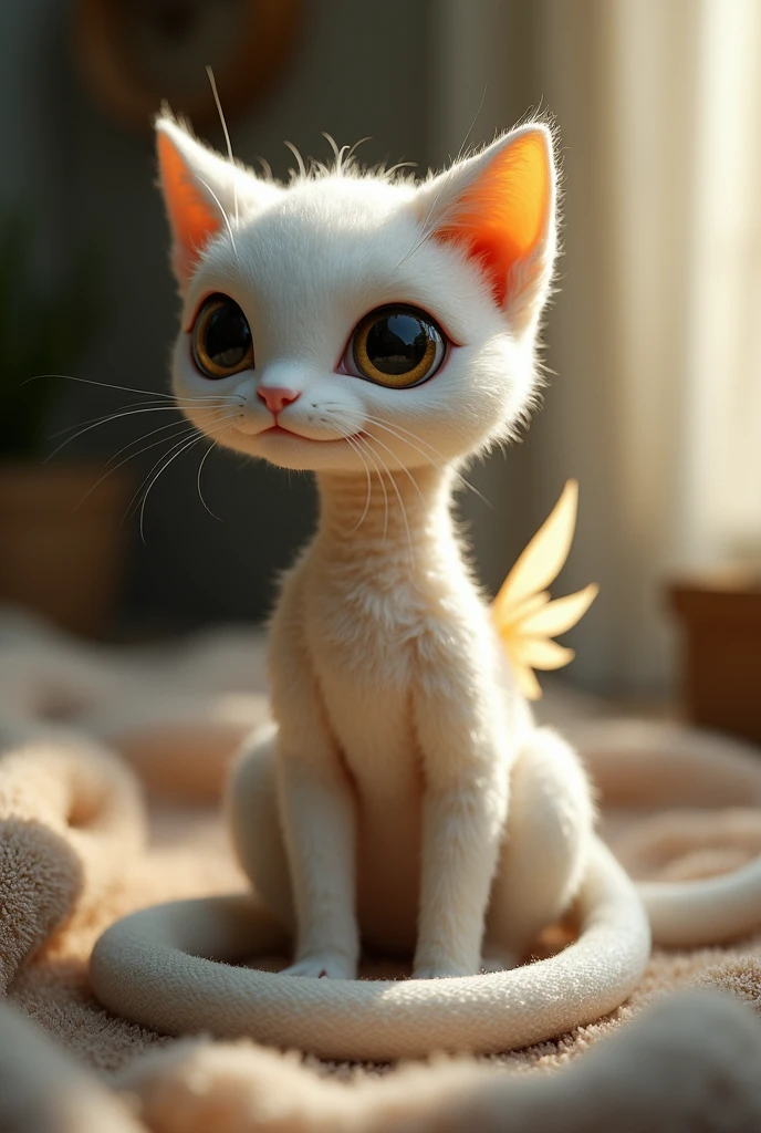 Gymnosomata (sea angel) with a snake body shape and cats fur and lives in a house, its a small pet, it has big black eyes and a soft-plain face