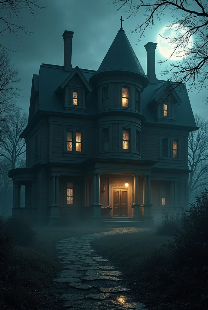 A large, old mansion with shuttered windows and a neglected appearance. The house is shrouded in shadows, with only a few lights on inside.  It&#39;s 1989 and it&#39;s a very dark night

